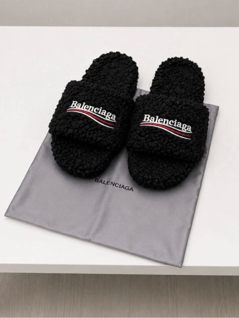 Balenciaga Black Sherpa Slide Sandals with Red & White Trim